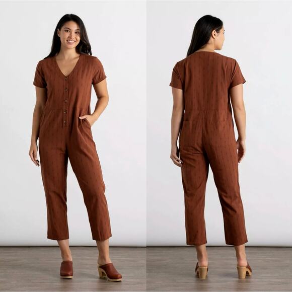 Bridge & Burn S Milo Jumpsuit Organic Cotton Coveralls Dobby Stripe Rust Brown - Picture 1 of 10